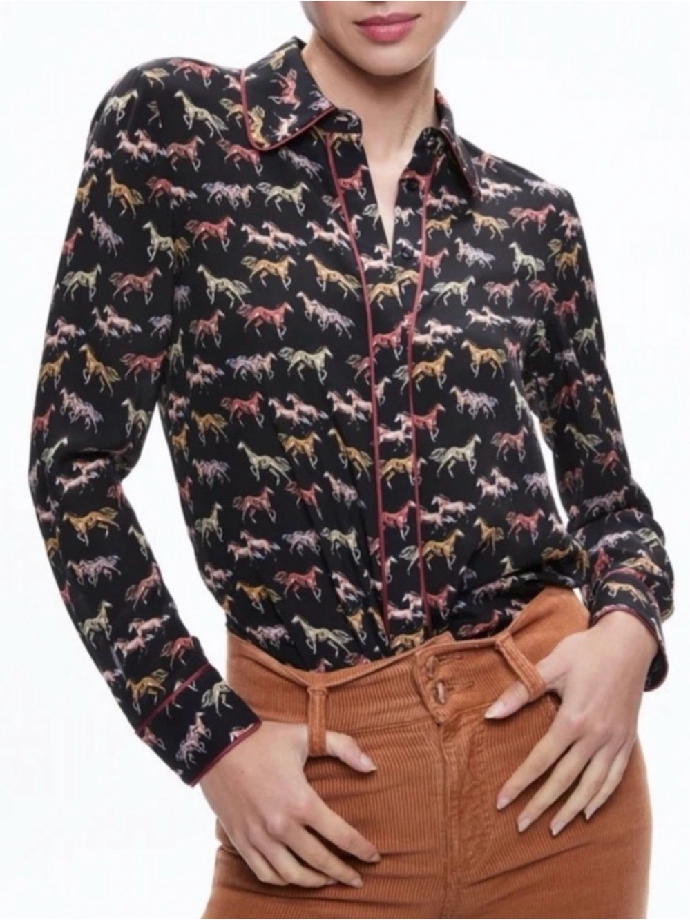 Alice + Olivia Black Horse Print Silk Blouse with Red Piping